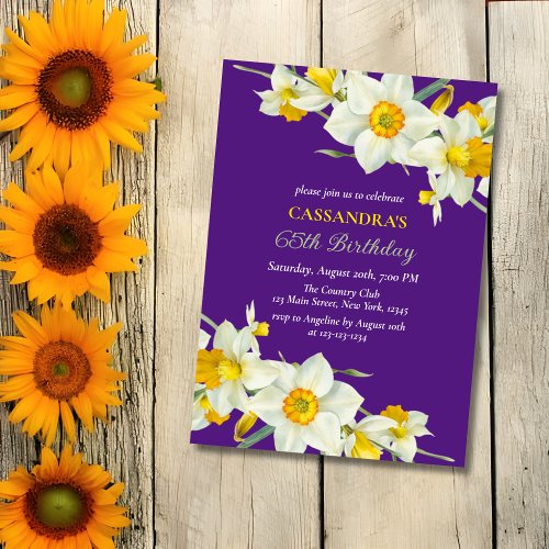 Yellow White Daffodil Floral Purple Birthday  Invitation