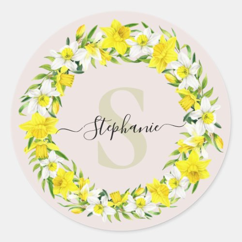 Yellow White Daffodil Garland Monogram Name Classic Round Sticker