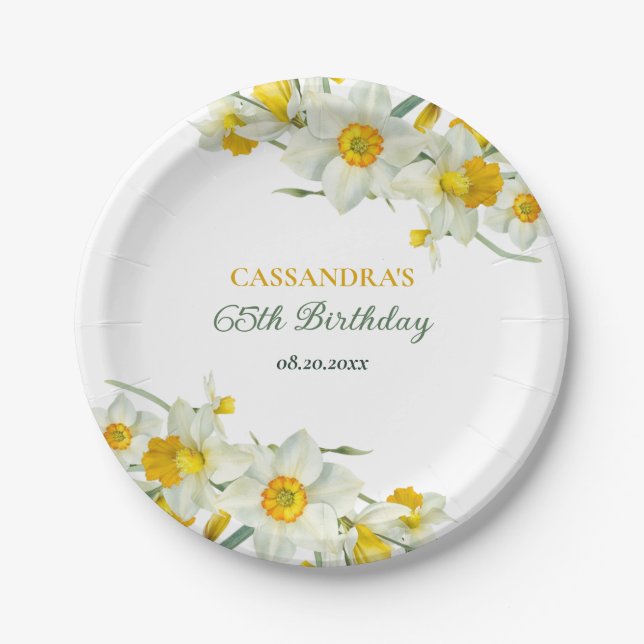 Yellow White Daffodil Rustic Floral Birthday  Paper Plates (Front)