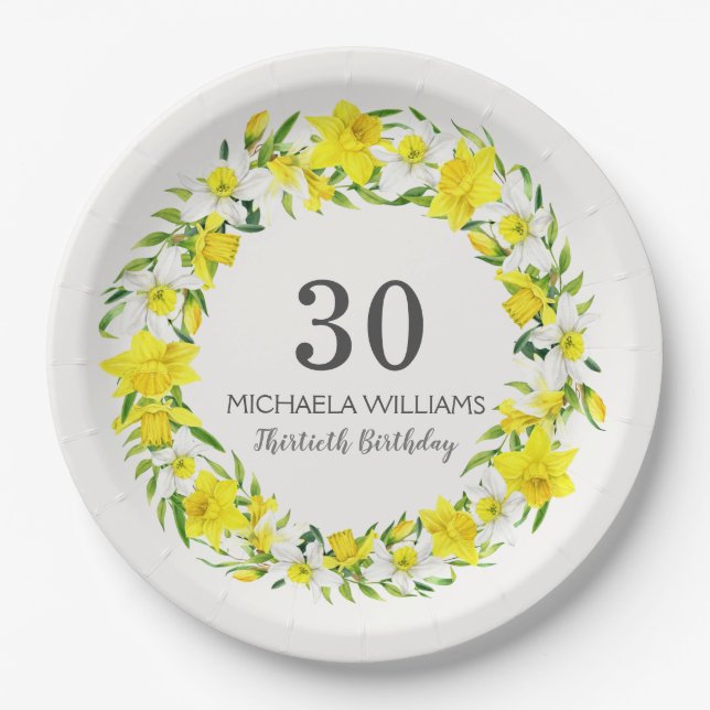 Yellow White Daffodil Wreath 30th Birthday Paper Plates (Front)