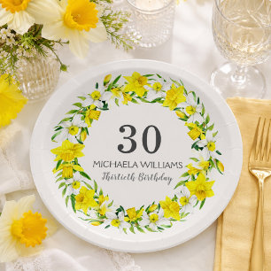 Yellow White Daffodil Wreath 30th Birthday Paper Plates