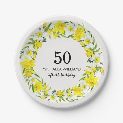 Yellow White Daffodil Wreath 50th Birthday Paper Plates