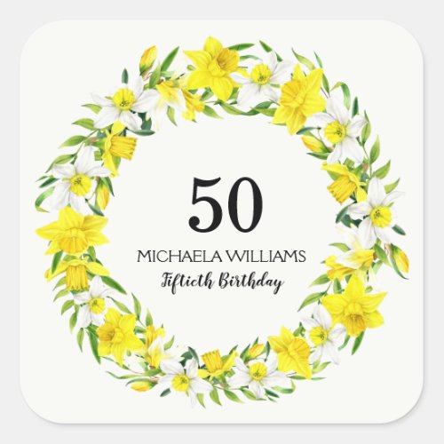 Yellow White Daffodil Wreath 50th Birthday Square Sticker