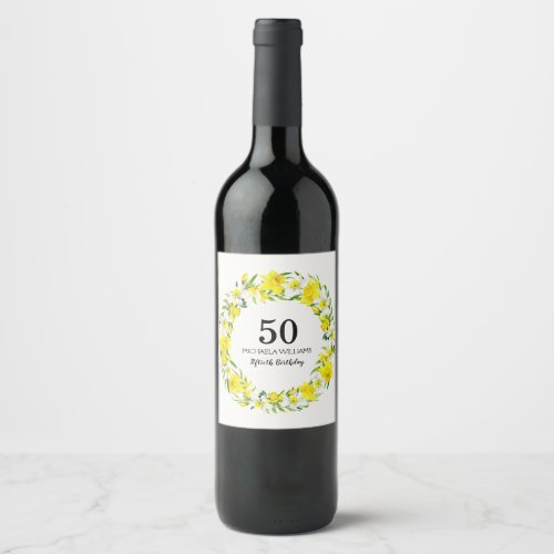 Yellow White Daffodil Wreath 50th Birthday Wine Label