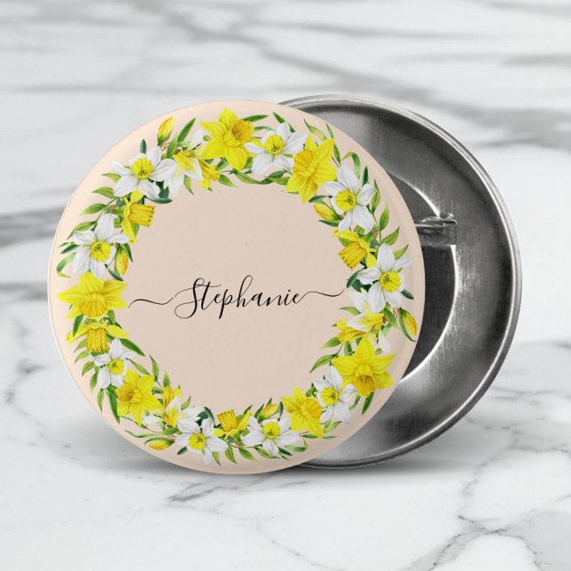 Yellow White Daffodils Garland Monogram Name  Button (Add name, or other short text to personalize.)