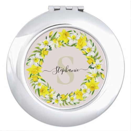 Yellow White Daffodils Garland Monogram Name Compact Mirror