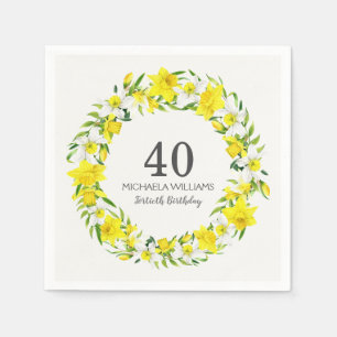 Yellow White Daffodils Wreath 40th Birthday Party Napkins