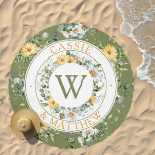 Yellow   White Daisies Sage Names   Monogram Beach Towel