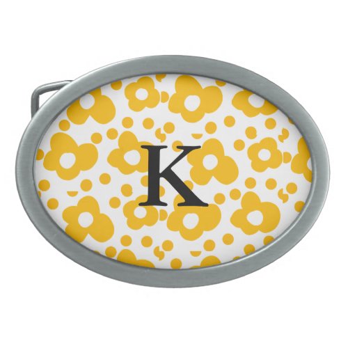 Yellow white daisy floral pattern add monogram mus belt buckle