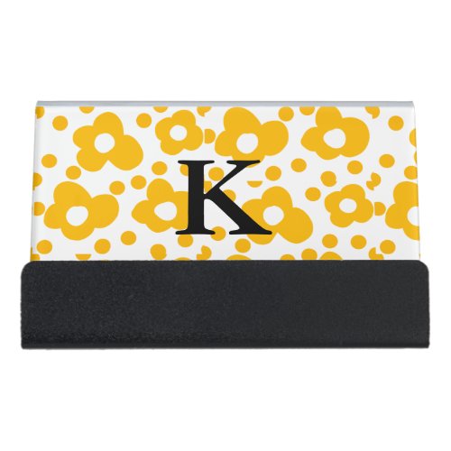 Yellow white daisy floral pattern add monogram mus desk business card holder