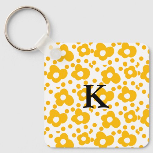 Yellow white daisy floral pattern add monogram mus keychain