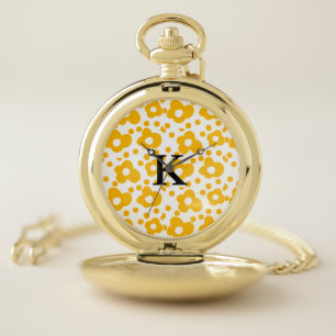 Yellow white daisy floral pattern add monogram mus pocket watch