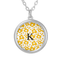 Yellow white daisy floral pattern add monogram mus silver plated necklace