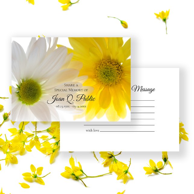 Yellow White Daisy Flowers Share a Memory Funeral  Note Card (Creator Uploaded)