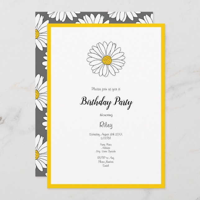 Yellow White Daisy Gray Yellow White Daisy Pattern Invitation (Front/Back)