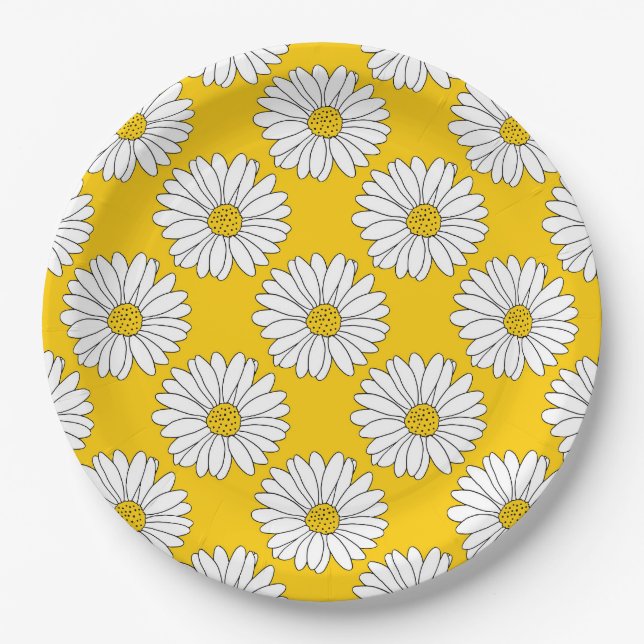 Yellow White Daisy Pattern 2 Paper Plates (Front)