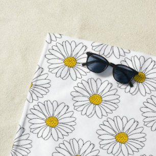 Yellow White Daisy Pattern Beach Towel
