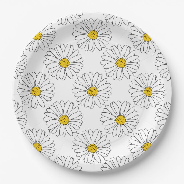 Yellow White Daisy Pattern Paper Plates (Front)
