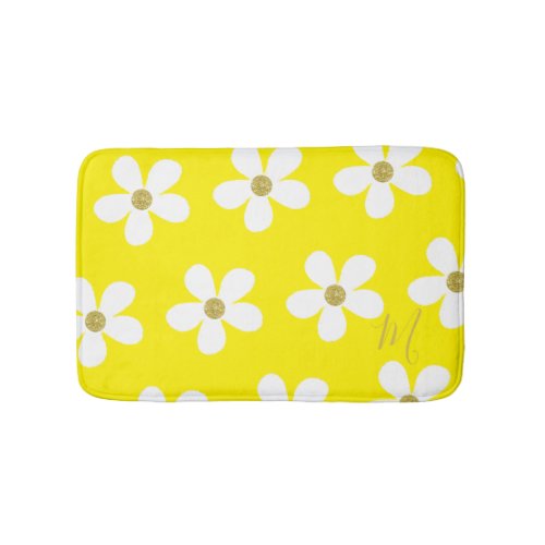 Yellow White Daisy Pattern Simple Floral  Gold Bath Mat