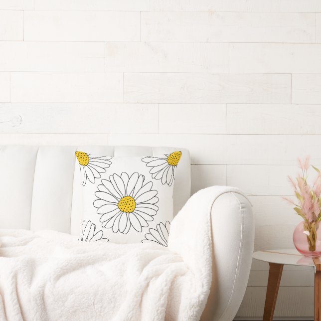 Yellow White Daisy Pattern Throw Pillow (Couch)