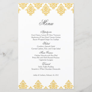 Yellow White Damask Arabesque Wedding Menu Card