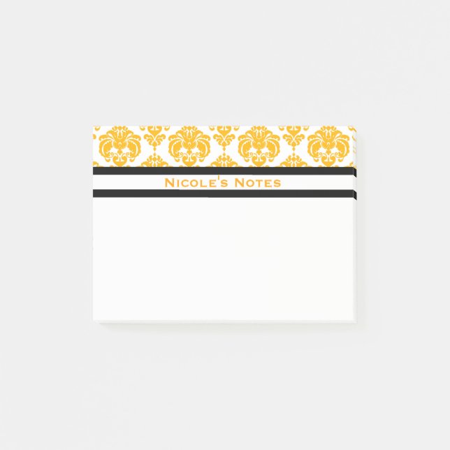 Yellow & White Damask Pattern Modern Personalized Post-it Notes (Front)