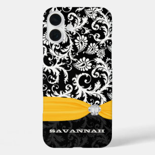 Yellow &  White Damask Printed Faux Rhinestone iPhone 16 Plus Case