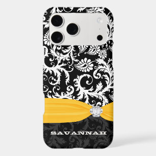 Yellow & White Damask Printed Faux Rhinestone iPhone 17 Pro Max Case