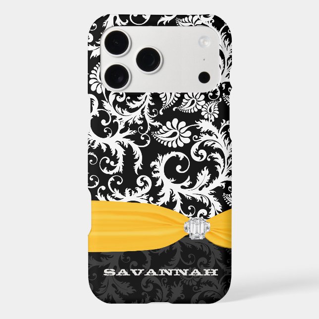 Yellow &  White Damask Printed Faux Rhinestone Case-Mate iPhone Case (Back)