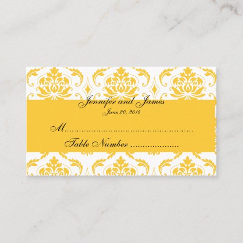Yellow White Damask Wedding Place Card Business Card Template