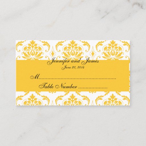 Customizable Yellow White Damask Wedding Place Card Business Card Template