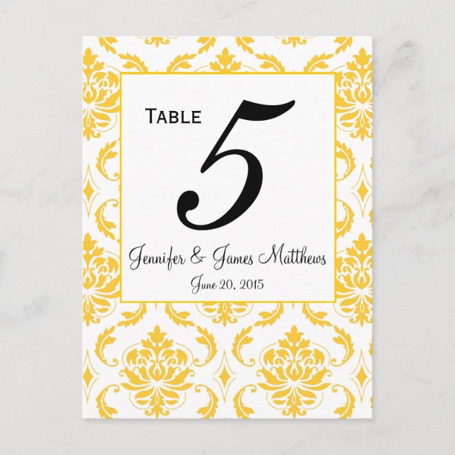 Yellow White Damask Wedding Table Number Cards (Front)
