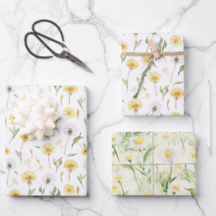 Yellow White Dandelion Flowers Birthday Wrapping Paper Sheets