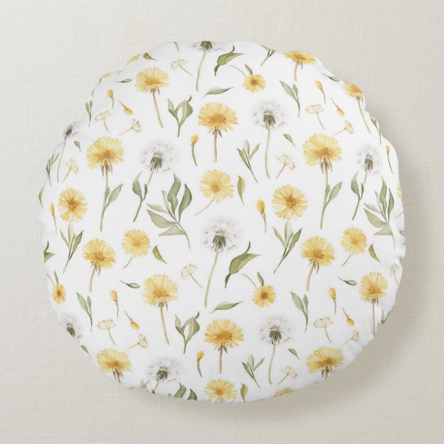 Yellow White Dandelions Flowers Round Pillow (Front)