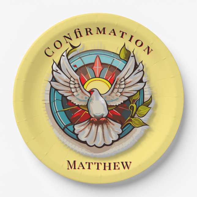 Yellow White Dove Religious Catholic Confirmation  Paper Plates (Front)