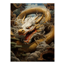 Yellow & White Eastern Dragon Illustration Print/