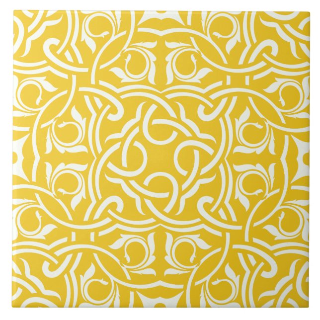 Yellow &white elegant intricate floral pattern ceramic tile (Front)
