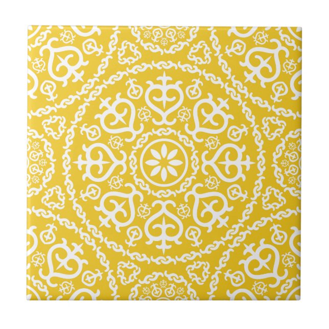 Yellow &white elegant intricate geometric pattern ceramic tile (Front)