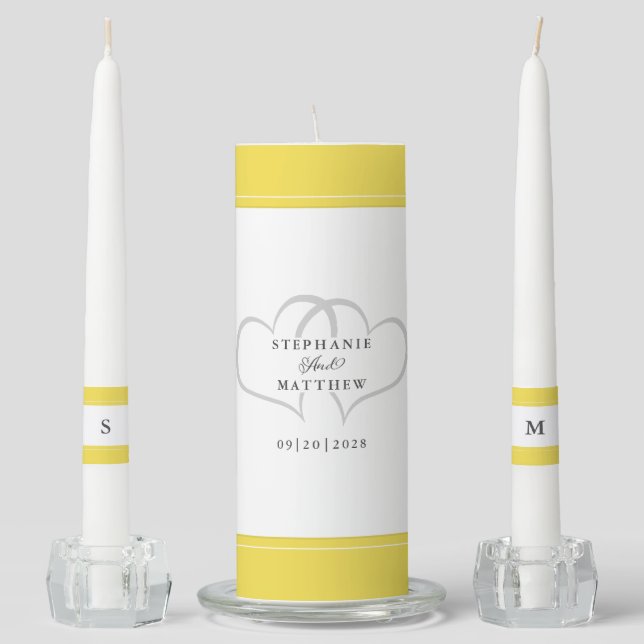 Yellow White Elegant Wedding Ceremony Bride Groom Unity Candle Set (Front)