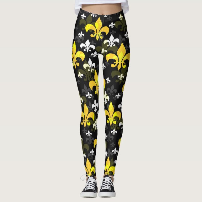 Yellow White Fleur De Lis  Leggings (Front)