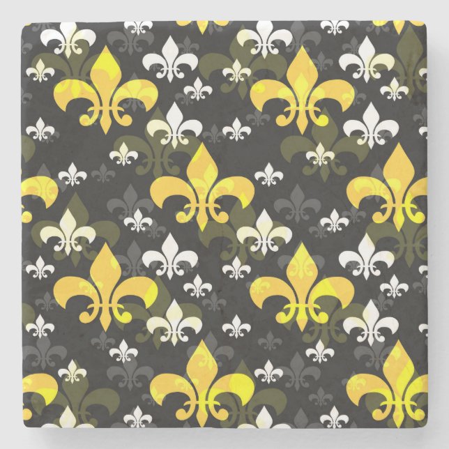 Yellow White Fleur De Lis  Stone Coaster (Front)