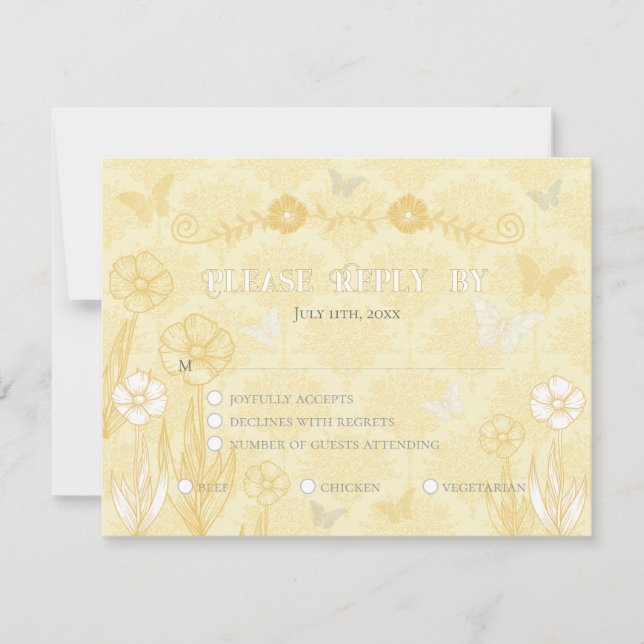 Yellow White Floral and Butterflies Wedding RSVP Card (Front)