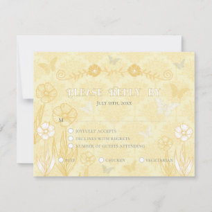 Yellow White Floral and Butterflies Wedding RSVP Card