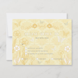 Yellow White Floral and Butterflies Wedding RSVP Card