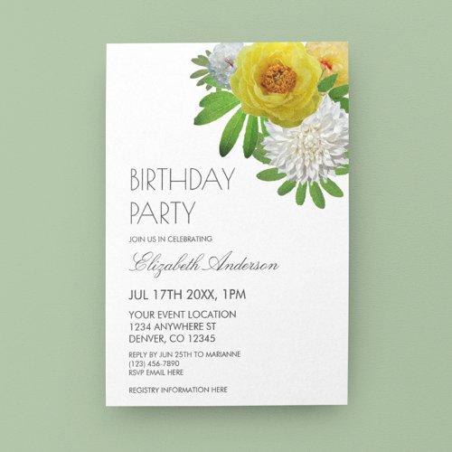 Yellow  White Floral Birthday Party Invitation