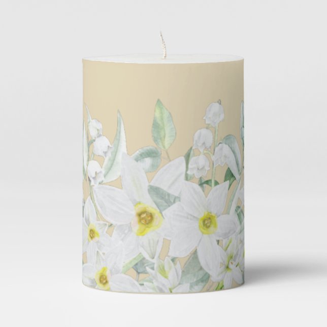 Yellow White Floral Border Easter Pillar Candle (Front)
