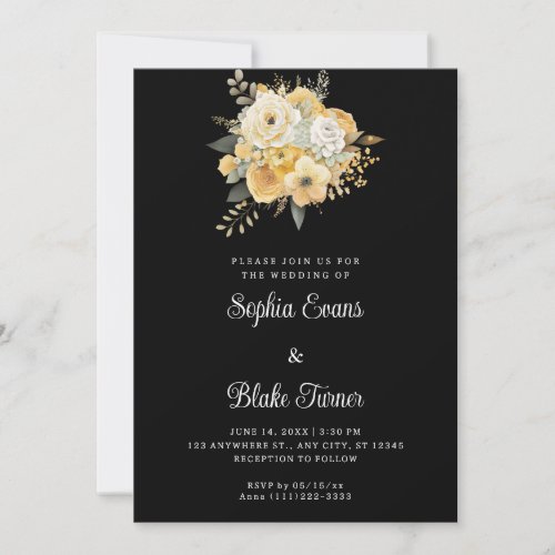 Yellow  White Floral Bouquet Black Wedding Invitation