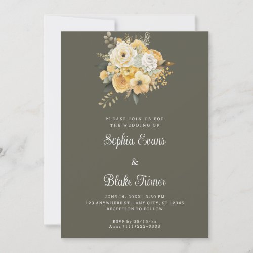 Yellow  White Floral Bouquet Green Wedding Invitation