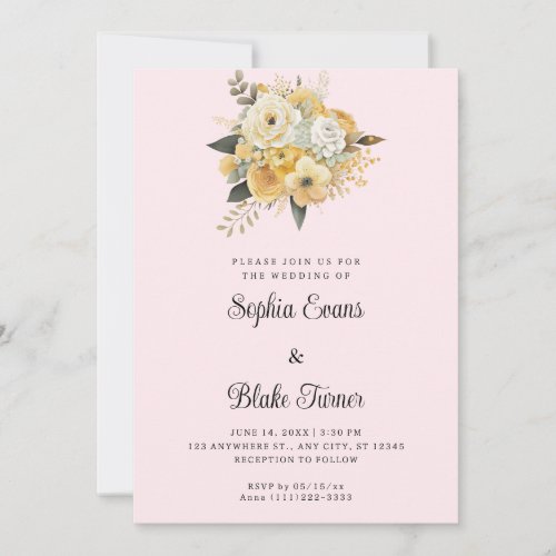 Yellow  White Floral Bouquet Pink Wedding Invitation