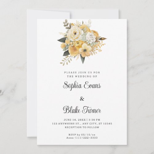 Yellow  White Floral Bouquet White Wedding Invitation